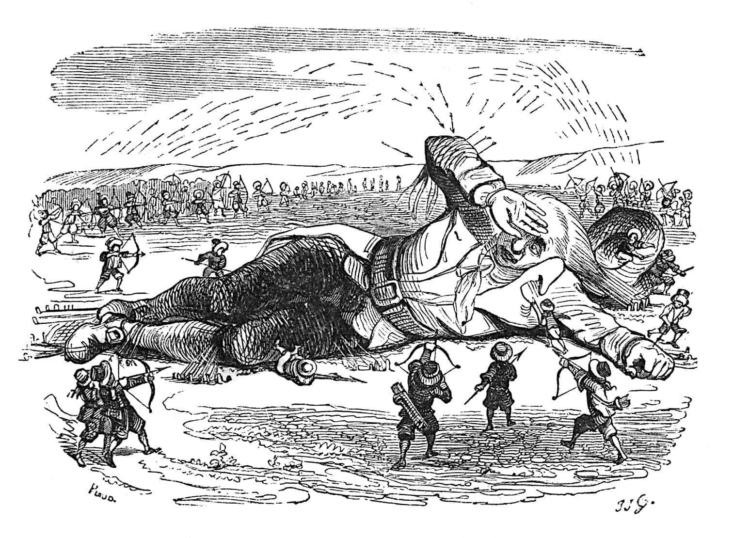 Gravura de Grandville: Gulliver deitado e amarrado ao chão enquanto dezenas de liliputianos sobem nele com cordas e arcos.